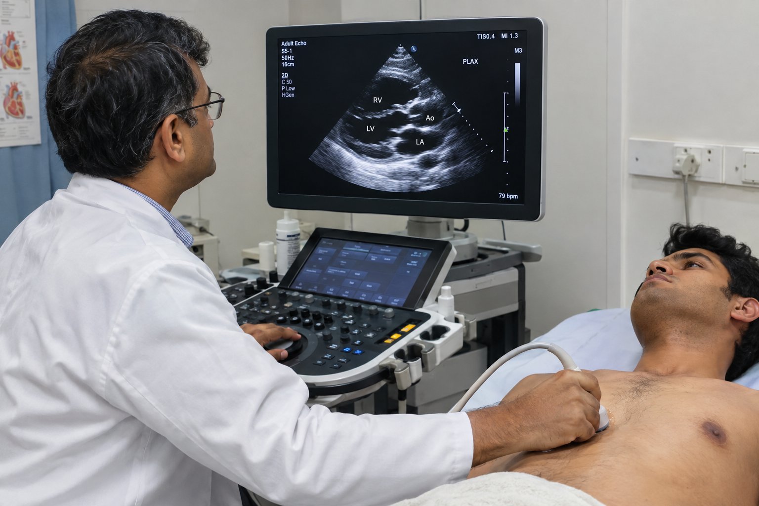 A cardiologist performing transthoracic echocardiography on a patient, with the parasternal long-axis (PLAX) view displayed on the monitor showing the right ventricle, aorta, left atrium, and left ventricle